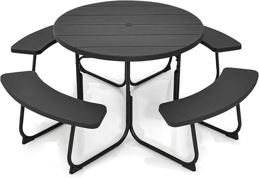 Round Picnic Table for Outdoors, 8 Person Outdoor Picnic Tables & Benches Set with Umbrella Hole, HDPE Tabletop & Metal Frame, 2000 LBS Capacity Table Bench Set for BBQ, Garden, Lawn, Patio