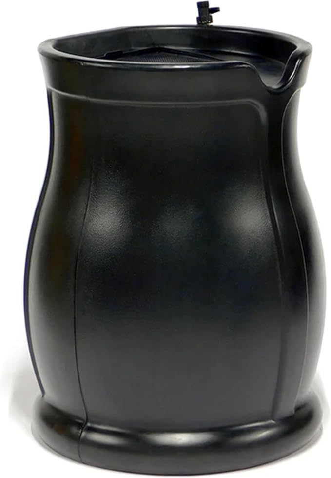 FCMP Outdoor 45-Gallon Catalina Rain Barrel – BPA-Free, Flat-Back Design with 3.5 Foot Garden Hose, Shut-Off Thumb Valve, and Fixed Lid (RB-CAT-BLK) Black
