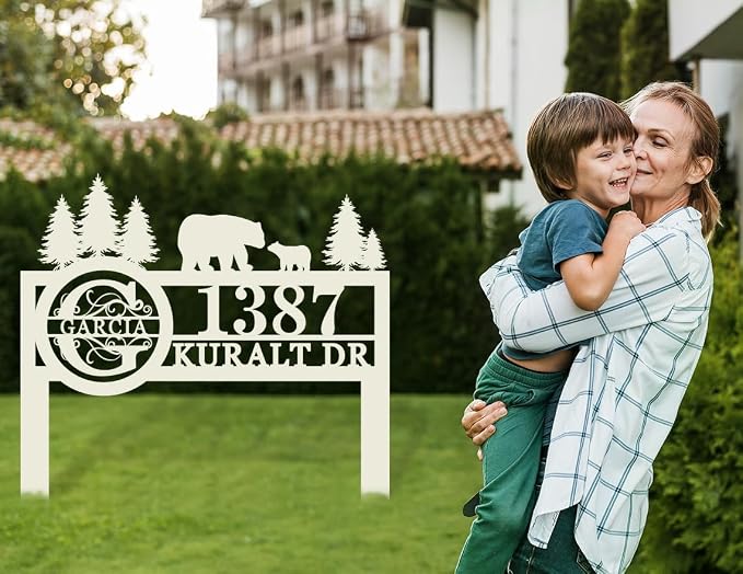 Custom Bear Wildlife Decor, House Number Signs with Metal Stake, Personalized Street Sign, Custom Yard Address Signs, House Address Numbers for Lawn Garden Ground, Housewarming Present
