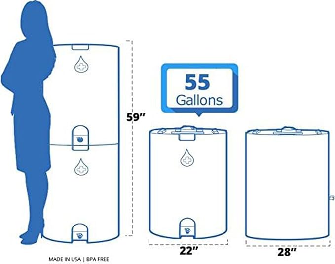 WaterPrepared Stackable Plastic Drinking Water Storage Tank with Spigots, 55 Gallon, Blue - Portable Emergency Hydration Container for Survival or Disaster Preparedness