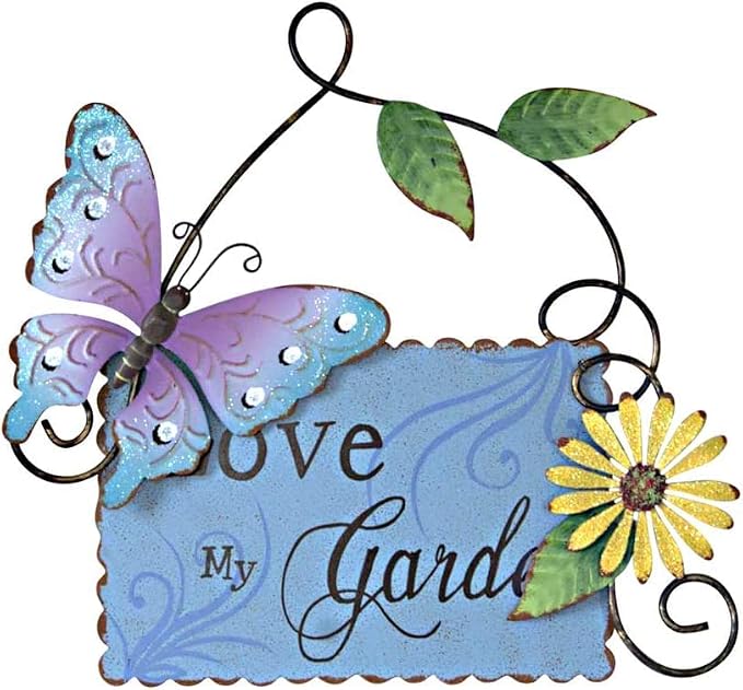 Linfevisi Metal Garden Welcome Sign Decor Rustic Hanging Plaque Decorative Garden Hanging Sign Love My Garden Door Sign with Butterfly Daisy Outdoor Front Porch Yard 10 Inch (Blue)