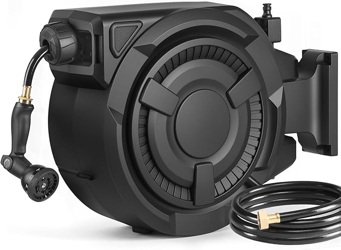 wikiwiki Retractable Garden Hose Reel 1/2 in x 65 ft, Heavy Duty Wall Mounted Hose Reel with 10- Function Sprayer Nozzle, Automatic Slow Return System/180°Swivel Bracket/UV Resistant (Black)