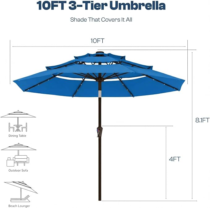 10ft 3-Tier Patio Umbrella with 32 Solar Powered LED Lights, Windproof Outdoor Market Umbrella for Deck, Poolside & Garden, Sturdy Push-Button Tilt Table Umbrella, Royal Blue