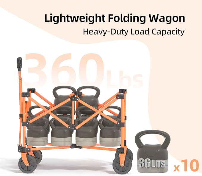 EchoSmile Lightweight Collapsible Wagon Cart, Compact Foldable Wagon for Grocery, Camping & Sports, Easy Fold Utility Wagon,Black&Orange