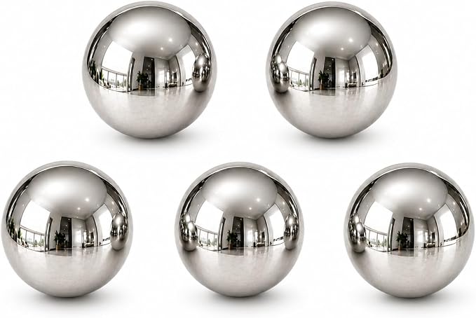 Gazing Ball Garden Mirror Outdoor - Outside Decorative Globe, Silver, 5Pcs | Metal Polished Reflective Sphere, Stainless Steel Hollow Decoration Ornament for Home Pond Swimming Pool Housewarming Gift