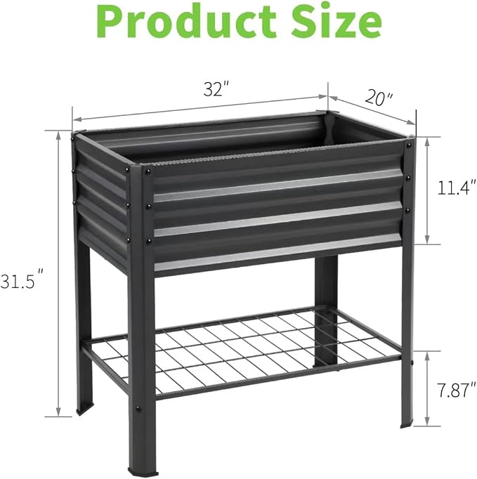 Raised Garden Bed with Legs and Shelf, 2pcs 32"x20"x31.5" Powder Coated Elevated Metal Planter with Legs for Outdoor Vegetables, Standing Raised Beds for Balcony, Patio, Lawn and Backyard