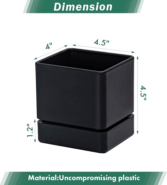 D'vine Dev 4 Inch Herb Planter Pot, Plastic Planter with Drainage Holes and Saucer, Modern Decorative Gardening Pot for Indoor Plants, Flowers, Herbs, Succulents, Black, Set of 6, 76-Y-B6-1