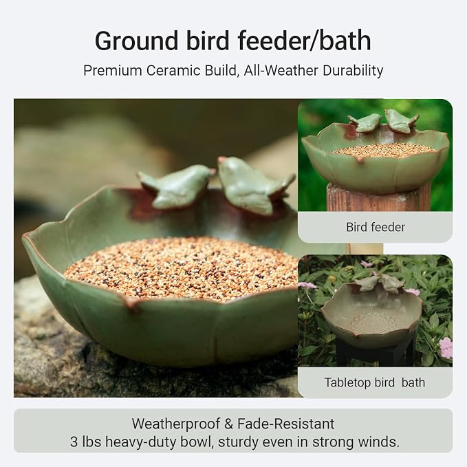Bird Bath with Solar Fountain Bubbler, 10.1" Solar Bird Bath Fountain for Outdoors, Ceramic Bird Bath Bowl for Garden, Patio, Balcony & Yard Decor