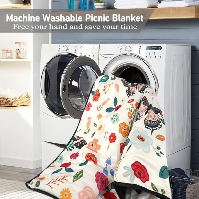 Butterfly Flower Picnic Blankets Waterproof Foldable, 60’‘x80'' Portable Outdoor Picnic Mat Water Resistant for Grass, Padded Lawn & Park Blanket for Camping, Hiking