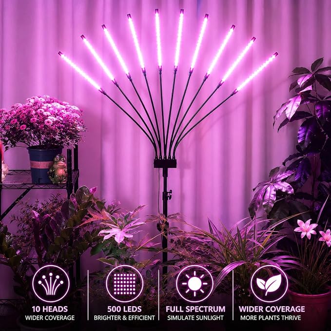 Grow Lights for Indoor Plants [ 10 in1 ] 500 LEDs, Full Spectrum Grow Light for Indoor Growing with Tripod Stand, Auto On/Off Timing 4/8/12H, Plant Grow Lights Indoor.