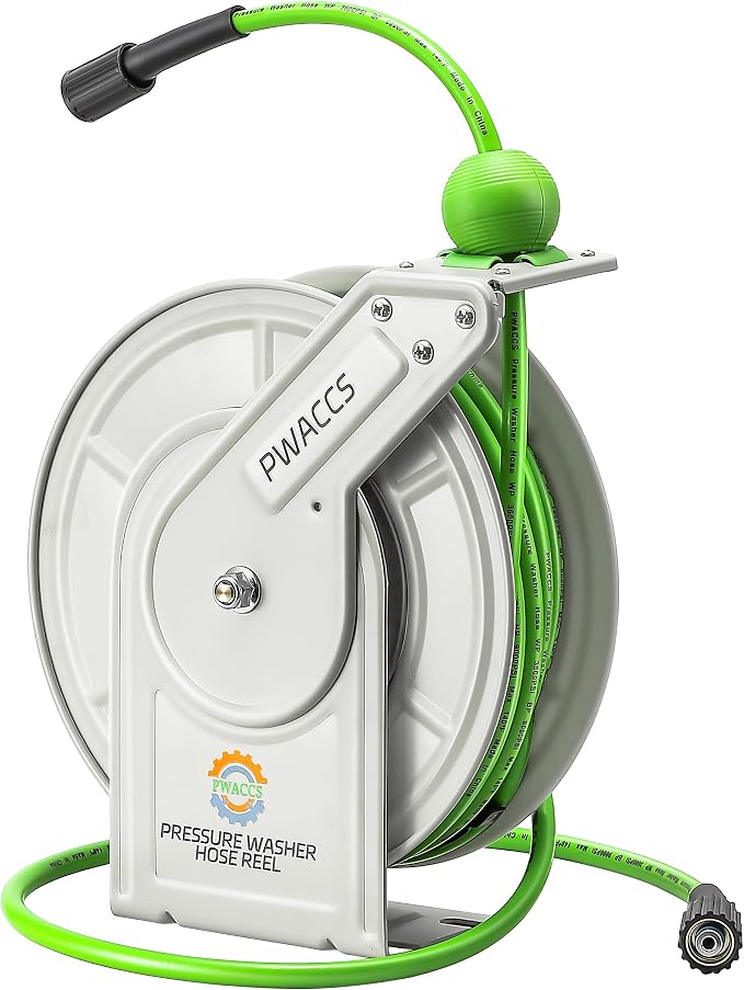 PWACCS Retractable Pressure Washer Hose Reel, 1/4" x 60ft Heavy Duty Power Washer Hose Reel, High Pressure Reel Auto Rewind, Wall/Floor Mounted, 3600 PSI