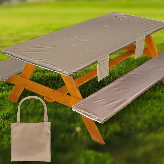 Wrakus Picnic Table Cover with Bench Covers Vinyl Elastic Edges Fitted Rectangle Seat Tables Waterproof 3-Piece96X30in Set Outdoor Rectangular Folding Backing Tablecloth for Camping Over Size