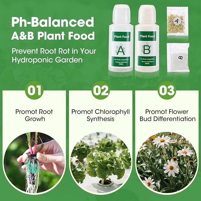 129Pcs Hydroponic Pods Kit with A&B Plant Food, 50 Grow Sponges, 50 Plant Labels, 12 Grow Baskets, 12 Grow Domes and 1 Tweezers - Indoor Hydroponics Supplies