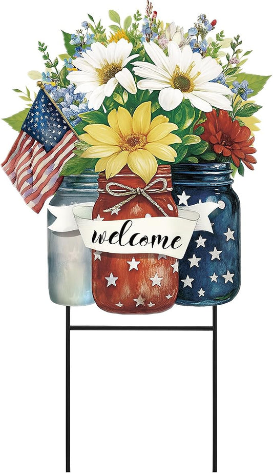 Amyhill 1 Pcs 4th of July Outdoor Decorations Patriotic Memorial Day Garden Stakes Mason Jars Welcome Yard Signs Decor Red White Blue Garden Stakes for Independence Patio Lawn Walkway Outside