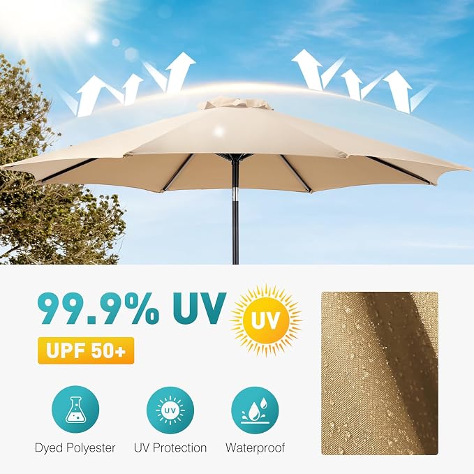 OLIXIS 9FT Patio Umbrella Outdoor, Patio Table Umbrella 9 Feet Sun Shade for Pool, Beach, Outside Umbrellas with Tilt and Crank Button & Sturdy Ribs Waterproof for Deck, Terrace and Restaurant