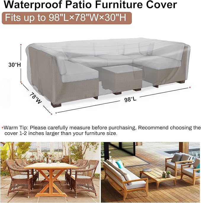 Mrrihand Heavy Duty Patio Furniture Covers, Outdoor Furniture Covers Waterproof Sectional Sofa Set, Patio Table and Chair Set Cover 98" L× 78" W× 30" H