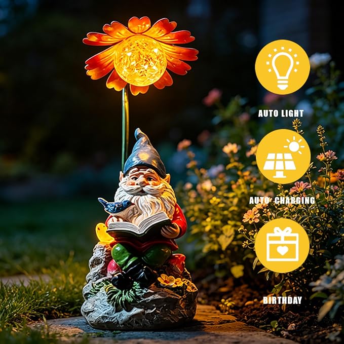 COWOS Solar Powered Garden Gnome Statue with Glowing Flower Light, Hand-Painted Resin Figurine for Outdoor Patio, Yard, Lawn Decor, Gift for Garden Lovers