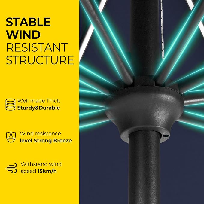 Tempera Solar Patio Umbrella 40 LED Lighted Outdoor Umbrella Table Market Umbrella with Push Button Tilt and Crank, Solar Umbrella with Sturdy Pole&Fade Resistant Canopy, Easy to Set