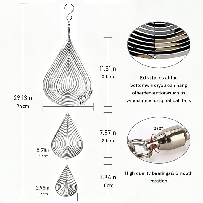 3D Water Drop Wind Spinners, Stainless Steel Hanging Reflective Spinner Set | Outdoor garden yard decor, bird deterrent, decorative gift for mom and women