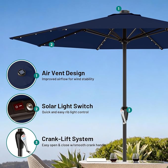 AreShark 12FT Large Patio Umbrella with Solar Lights, Solar Powered Outdoor Umbrella with Crank, Patio Table Market Umbrellas for Garden, Deck, Backyard, Pool and Beach, Navy