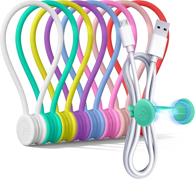COOLMI Magnetic Cable Ties 8 Pack, 6.88 Inch Reusable Silicone Cord Organizer Wraps, Strong Magnet Cable Management Straps for Charging Cords, USB Cables, Earbuds, Desk, Travel, Assorted Colors