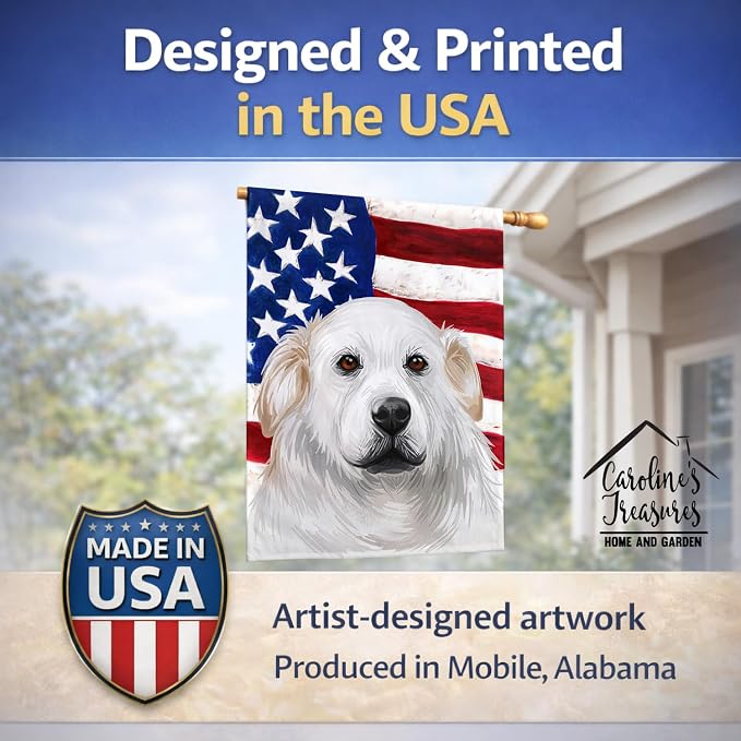 Caroline's Treasures CK6599CHF Kuvasz American Flag House Flag Large Porch Sleeve Pole Decorative Outside Yard Banner Artwork Wall Hanging, Polyester, House Size, Multicolor