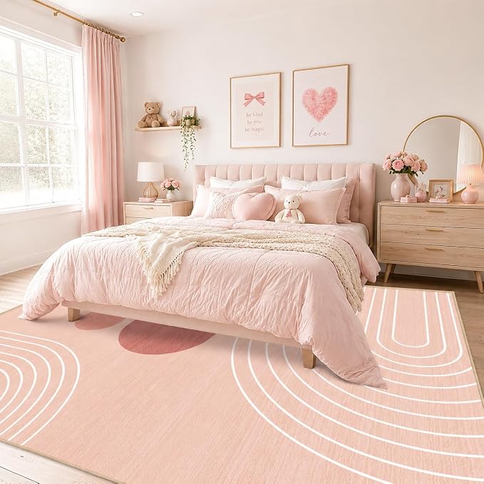 Area Rug 5x7 Boho Modern Minimalist Geometric Abstract Rug Pink Mid Century Modern Rug for Living Room Machine Washable Non-Slip Printed Low Pile Indoor Carpet for Bedroom Dining Room Office Pink