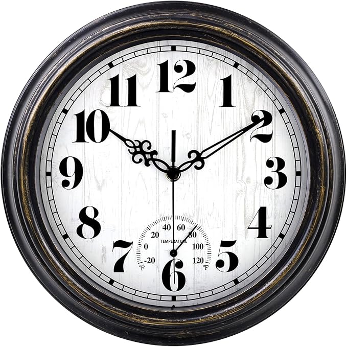 zyzamay 12 Inch Indoor Outdoor Clocks,Waterproof Wall Clock with Thermometer,Easy to Read,Non-Ticking Battery Operated Quality Quartz Clock, Decorative for Patio,Porch,Pool,Bathroom(BlackGold)