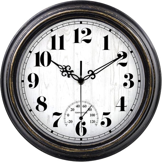 zyzamay 12 Inch Indoor Outdoor Clocks,Waterproof Wall Clock with Thermometer,Easy to Read,Non-Ticking Battery Operated Quality Quartz Clock, Decorative for Patio,Porch,Pool,Bathroom(BlackGold)
