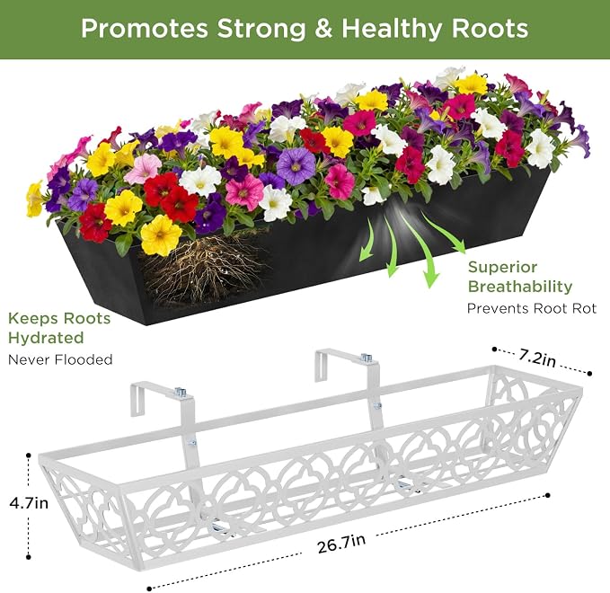 Y&M 30'' Metal Railing Planter Box Set with Black Non-Woven Fabric Liner, Flower Boxes with Adjustable Brackets, 4 Pcs Large Hanging Window Boxes for Fence, Deck, Balcony, and Garden - Gray