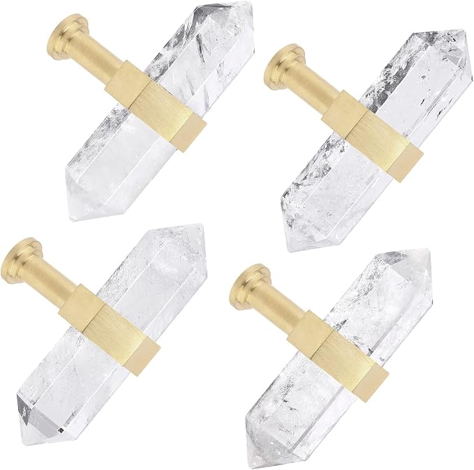 mookaitedecor Set of 2 Rock Quartz Double Crystal Points Drawer Knobs with Screws, Decorative Stone Cabinet Handle Pulls for Dresser Cupboard Kitchen Decor, Brushed Brass