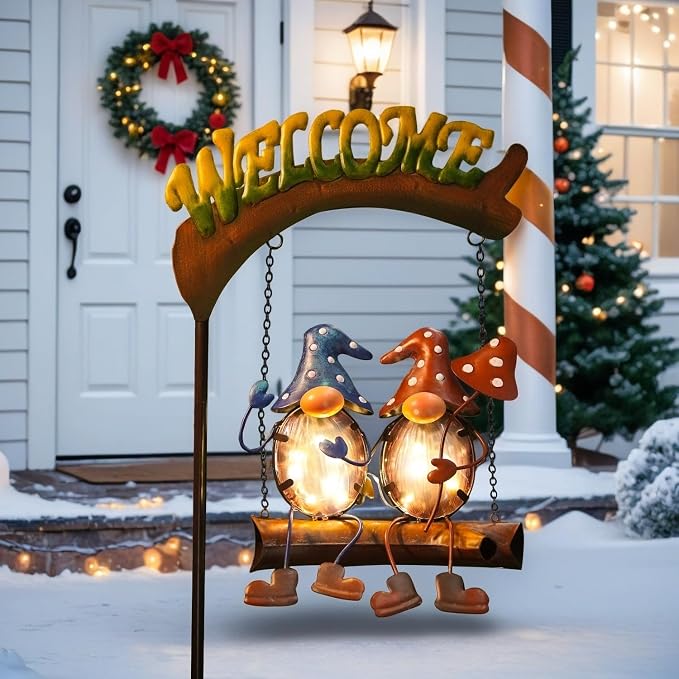 Gnomes Garden Decor Solar Lights, 48 Inch Welcome Sign Swing Yard Decorations Outdoor Decorative Stake for Lawn Porch Backyard Patio, Gnome Gardening Gifts for Women Mom