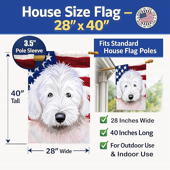 Caroline's Treasures CK6635CHF Old English Sheepdog American Flag House Flag Large Porch Sleeve Pole Decorative Outside Yard Banner Artwork Wall Hanging, Polyester, House Size, Multicolor