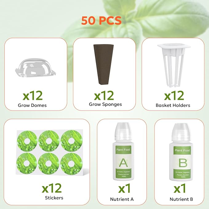 owltron 50 Pcs Hydroponic Seed Pods Kits, Grow Anything Kit Pod for Indoor Herb Garden with 12 Sponges, 2 A&B Nutrient Plant Food, 12 Baskets, 12 Stickers, 12 Germination Domes（Square)