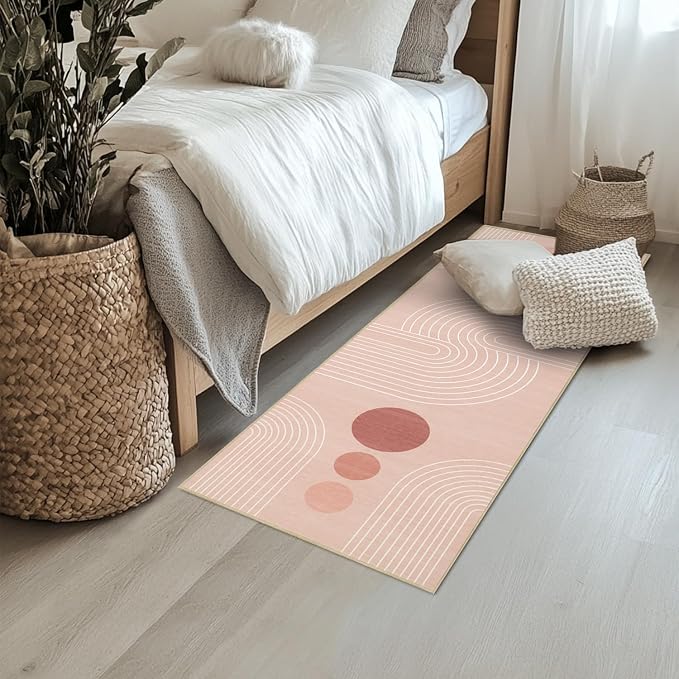 Boho Runner Rug 2x6 Modern Geometric Abstract Rug for Hallway Kitchen Bedroom Pink Mid Century Modern Runner Machine Washable Non-Slip Printed Low-Pile Long Floor Carpet for Bathroom Laundry Pink