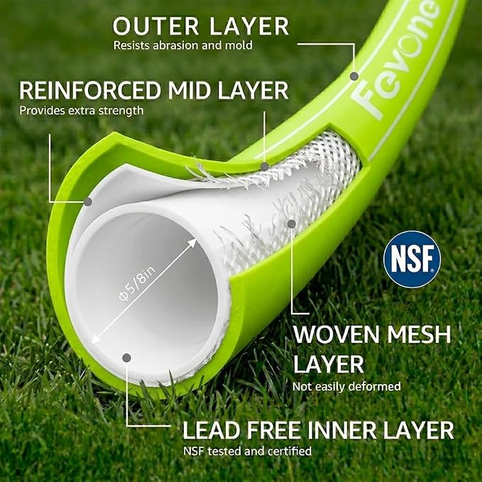 FEVONE Heavy Duty Garden Hose 100 ft, Spray Nozzle Included | Flexible Water Hose, Leak-Free, Lightweight Hybrid Polymer, 5/8 ID, 600 PSI, 3/4 GHT Aluminum Fittings with Swivel Handles