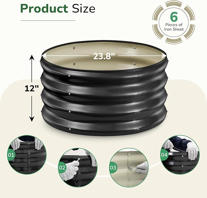 GreatBuddy 2x2x1 ft Round Galvanized Raised Bed, Easy-Assembly Raised Garden Bed with Anti-Cut Gloves & Tools, Rust-Proof Garden Bed for Outdoor, Vegetables, Herbs, Small Trees, Black