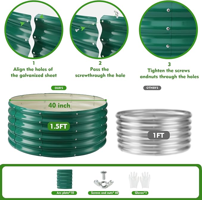 YSEJOMP 17" Tall Round Outdoor Garden Raised Garden Bed Kits-0.8MM Thick Metal Raised Planter Bed/Ground Planter Box for Variety of Flowers,Herbs,Vegetables,Trees (Dark Green, 40 Dia X 16.5 inches)