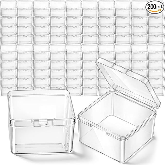SATINIOR 200 Pcs Clear Plastic Beads Storage Containers Box Small Clear Boxes with Hinged Lid Plastic Case Mini Square Arts Crafts Storage Organizers for Small Items (2.48 × 2.48 × 1.57 Inch)