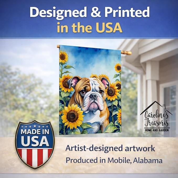 Caroline's Treasures DAC6072CHF English Bulldog in Sunflowers House Flag Large Porch Sleeve Pole Decorative Outside Yard Banner Artwork Wall Hanging, Polyester, House Size, Multicolor