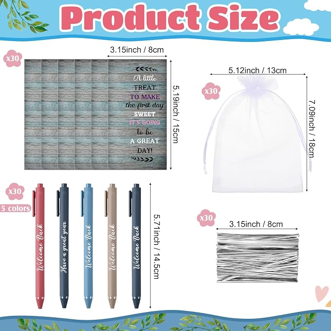 Marspark 30 Set Rustic Wood Welcome Back to School Gifts Bulk Ballpoint Pens and Greeting Cards Set with Bags Twist Ties First Day of School Gifts for Teacher Student Classroom Party Favors Supplies