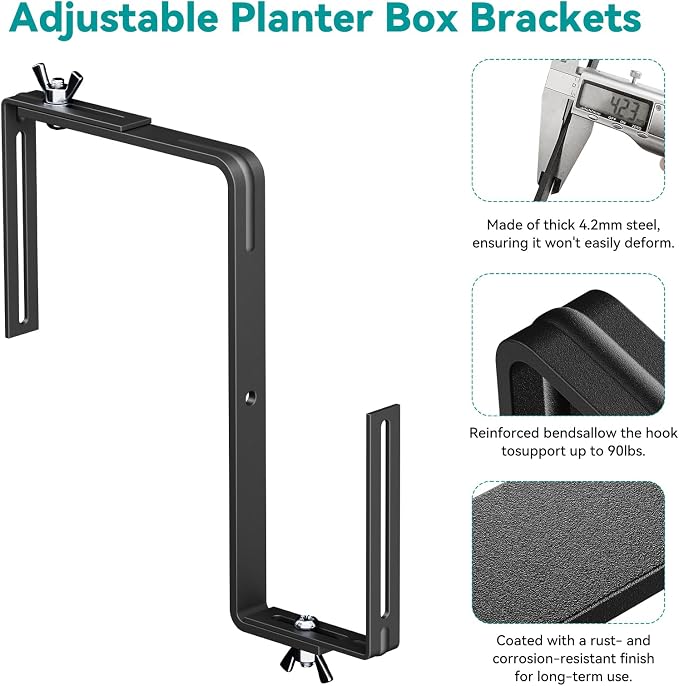 Adjustable Planter Box Brackets,Enhanced Bottom Support,Universal Outdoor Hanging Brackets,Flower Box Brackets for Fence Railings, Windowsill, Patio, Garden,Balcony. (Black)