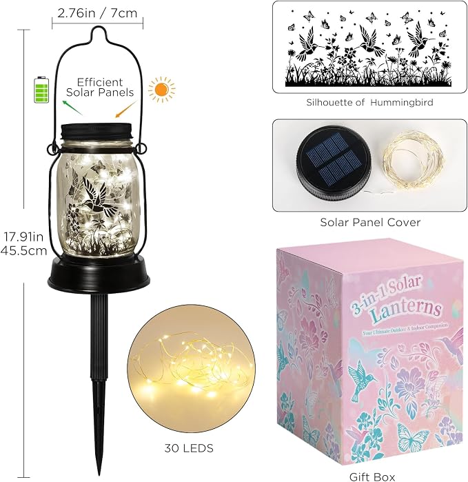 kyoryuger Hummingbird Gifts for Women/Mom/Grandma Hummingbird Solar Lanterns Mom Birthday Bird Lovers Lantern Birds Lights Solar Garden Decoration for Yard, Patio,Porch Torches, Home Decor