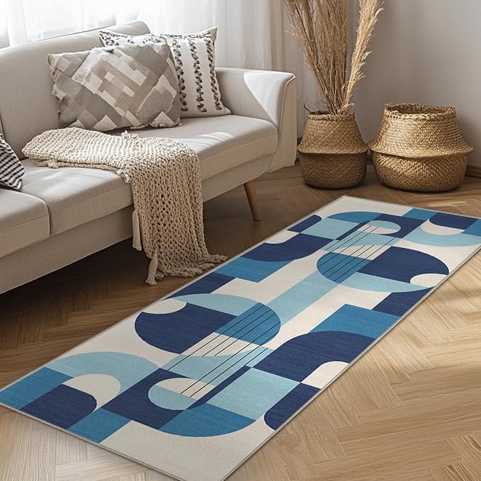 2x6 Blue and White Geometric Runner Rug for Kitchen Entryway Hallway Abstract Modern Area Rug Machine Washable Non-Slip Carpet for Bedroom Bathroom Bedside