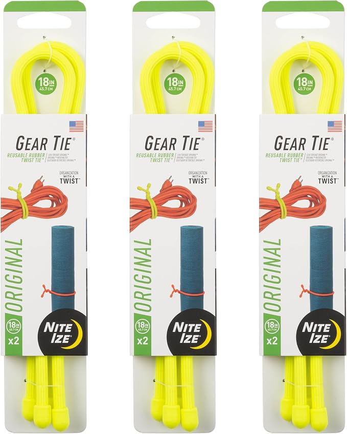 Nite Ize Gear Tie Reusable Rubber Twist Tie - Bendable Rubber Ties for Indoor & Outdoor Use - Reusable Multipurpose Twist Ties for Organizing & More - 18", Neon Yellow (3 Pack)