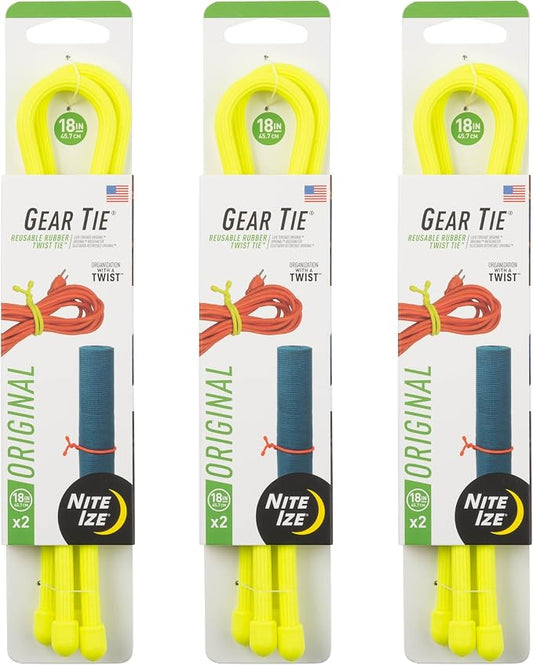 Nite Ize Gear Tie Reusable Rubber Twist Tie - Bendable Rubber Ties for Indoor & Outdoor Use - Reusable Multipurpose Twist Ties for Organizing & More - 18", Neon Yellow (3 Pack)