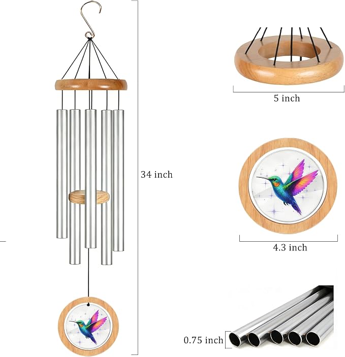 Wind Chimes for Outside, 34" Hummingbird Memorial Wind Chimes for Loss of Loved One, Garden Gifts for Mom Grandma Women, Deep Tone Wind Chimes for Yard Patio Porch Home Garden Outdoor Decorations