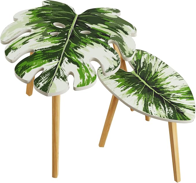 BAMEOS Monstera Leaf Nesting Tables Set of 2, Small Side Tables f Set with Leaf Vein Pattern, Modern Wooden CoffeeTables for Living Room Bedroom Apartment Balcony Yard