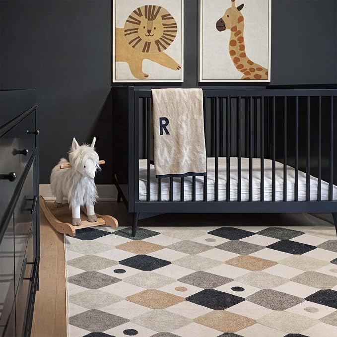 jinchan 4x6 Checkered Area Rug Washable Classroom Kids Rug Marble | Soft, Non-Slip, Kid-Friendly, Preschool Rug, Diamond Design, Play Mat, Black White on Cream, Playroom, Nursery, Bedroom, Dorm