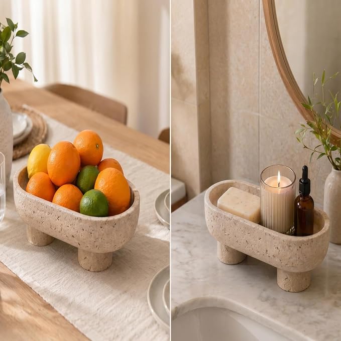 Natural Oval Travertine Fruit Bowl for Kitchen Counter 10",Two-Legged Decorative Bowl & Travertine Decor Pedestal for Dining Table Decor, For Kitchen Fruit Bowl, Potpourri, Dining Table Centerpiece.